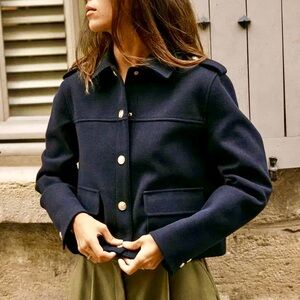 Tahari Black Utility Jacket with Gold Buttons Cropped Military Style PS